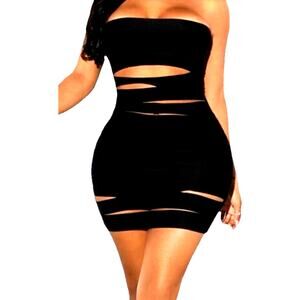 Sexy Ripped Bodycon Dress Mini Cut Out Distressed Solid Black Grunge Goth Club M